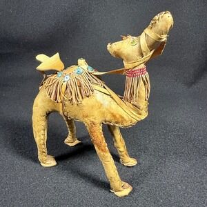 Vintage Handmade Leather Camel Figurine Hand Stitched Folk Art Decor Middle East